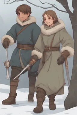 DnD style, two medieval peasant kids playing in the snow, female age 14 and male age 15, happy and playful, he has a short sword. Coats and pants