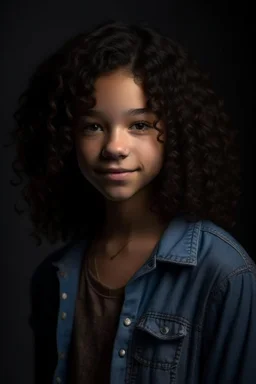 full body portrait of a 14 year old girl named Runa Rivers, main character of a youth novel, tall for her age - ca. 1,75m, looking older than she is, full lips, side cut, dark brown curly short hair, smiling, black skin looking caucasian, freckles; the iris of her left eye should be bright blue