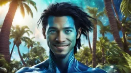 beautiful gorgeous young man na'vi with long hair, Avatar, blue skin, two small ears, green eyes, black hair, in cosmic suit, galactic ambiance, medium pointy goatee , smiling, with spaceship and planets and palm trees and clear crystaline cosmic beach in background