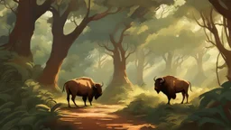 The image in the article depicts a lush, tropical forest in all its natural beauty. The picture reveals towering oak trees and a variety of vibrant, tropical plants. Sunlight filters through the branches, casting a mesmerizing play of light and creating a rich tapestry of colors and beautiful shadows. In the distant corner of the image, you can spot some of the wildlife, such as European bison, bears, and colorful butterflies, highlighting the unique environmental diversity of this forest. The