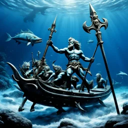 (scene from a movie by Ray Harryhausen) Neptune in the deep ocean holding his Trident, Standing on a Sled with no wheels drawn by two great Bluefish swimming in the same direction Neptune us facing