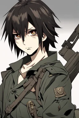 medium dark hair, war clothes, face with a cut in the eye, anime style