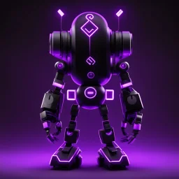 black and purple neon geometric bipedal robot with no arms that has a plus sign symbol for the 'eye' in a black monochrome world