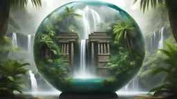 Glass globe encircled temple mayan jungle palms and waterfall, symbolizing nature, environment, sustainability, ESG, and climate change awareness, generative ai