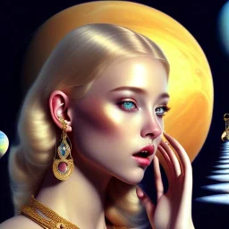 blonde cute young woman singing at saturn moon, golden jewelry, ice cold, winter, magnificent, majestic, highly intricate, incredibly detailed, ultra high resolution, complex 3d render,renaissance painting