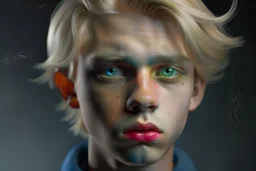 Hyperrealistisch 16jähriger schlanker effeminierter blonder Junge mit hellblauen Augen, das Haar mit Gel nach hinten gekämmt, Zigarette lässig im Mund