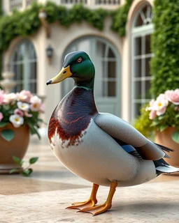 Generate image: Generate image: Generate image: A macro 3D render of a cute, lovely mallard with dark green neck ,entirely of translucent, glossy,colored jelly material. it is standing in terrasse of a luxury villa next to flowers ,subsurface scattering and gelatinous texture . High-quality CGI, octane render, 8k resolution, whimsical, adorable, clean composition., in the style of Portraits, in the style of Portraits, 4:3