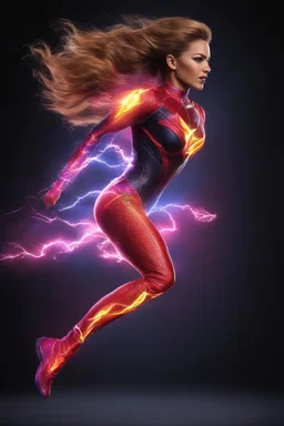 medium long shot, wide angle shot, full body, Barbie Allen aka The Flash, running, multicolored, atmospheric, beautiful, bright, vibrant colors, multicolored lightning, pitch-black background, Professional quality digital photograph, 4k UHD, Photorealistic, professional quality