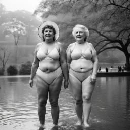 [photo by Diane Arbus] two middle age ladies in wearing swimsuits caught in a heavy summer rain in central park, happy with no inhibitions