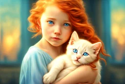 young red haired child with blue eyes lovingly cradles a regal blue eyed Siamese kitten in her arms, the two of them exuding an air of peace and grace. Modifiers: Award winning photography fantasy oil on canvas photorealistic very attractive dynamic lighting fantastic view ultra detailed cinematic postprocessing VRay neon Iridescent aesthetically perfect facial features Tesselated