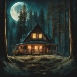 Movie poster for "Cabin In The Woods" double exposure backlighting by full moon, double exposure, dramatic movie poster art, by Drew Struzan, rich colors, stunning composition, epic mystery movie.