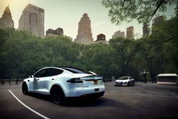 A Tesla 'Model Y' is parked, in 'Central Park' in New York City. (CINEMATIC, WIDE ANGLE LENS, PHOTO REAL)