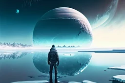 person seeing a grey exoplanet in the horizon, lagoon, ice blocks, sci-fi, very epic