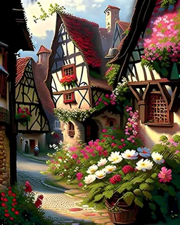 german medieval village with flowers rpg art painterly