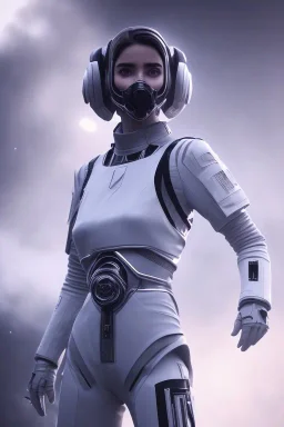 Ana de Armas, identical features, Black intergalactic pilot suit, portrait, bright white eyes, wearing high tech pilot breathing mask, beautiful face, white smoke, dark, rage, sorrow, high definition, ultra 8 k, volumetric lighting, blue fire, fog