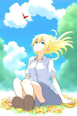 Blonde girl fall from sky. Anime style