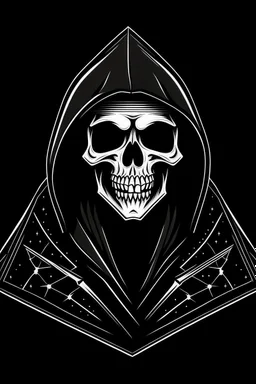 claymation skeleton in a black hooded cloak drawn in a retro vector mascot style, inside a diamond shape on a black background, monochromatic