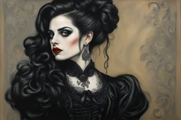 create a 3/4 profile, full body oil pastel of a dark haired, savage, ornately dressed, gothpunk vampire girl with highly detailed , sharply defined hair and facial features , in a smokey 19th century drawing room in the style of JOHN SINGER SARGENT