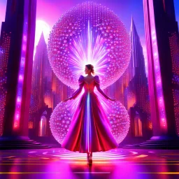 very complex CIFY structure ,pretty viberating color environment 3d metalic and crystal recursive evolving and animating beveled geometric base very complex CIFY structure emiting bubbles that broke, goddess of love in a pretty cleric dress comes out dancing gracefully , viberating color moving very in modern city escape environment while camera tracking it.write in down screen 3d animating"Made in Grok By:J.Babakan"