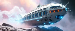 ornate space ship, shiny bright slug mega ship snail flourescent white blue like bubble gum with many windows and decks, interdimensional twister, rock against colored spaced fog, space interior