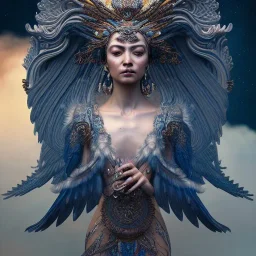 Insanely detailed photograph of an elaborate beautiful eagle goddess intricate glowing skin eyes intricate face hair lashes fur dress hyperdetailed painting by Anna Dittmann Huang Guangjian and Dan Witz CGSociety ZBrush Central fantasy art album cover art 4K 64 megapixels 8K resolution HDR Greek shiny space colours jewelry celestial hair eyes light"