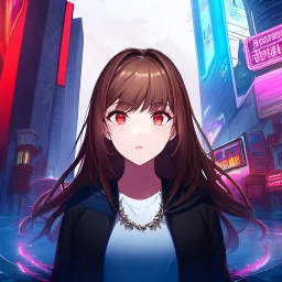 A striking headshot of a woman with long, flowing brown hair and captivating red eyes, embodying a 'bad girl' vibe. Her fierce expression suggests confidence and rebellion. Set against a modern urban backdrop with sleek buildings and neon lights, the image is intricately detailed, showcasing her features in a realistic anime style, blending elements of contemporary fashion and an edgy attitude.