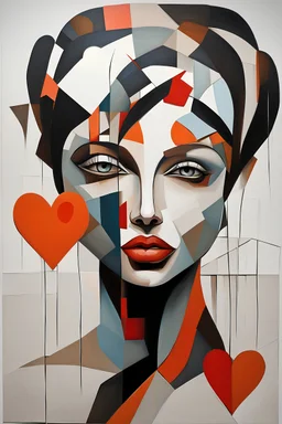 Abstract painting of a woman with a broken heart. Abstract art that does not represent an accurate depiction of visual reality, communicating instead through lines, shapes, colors, forms and gestural marks, perfect composition, cubism style