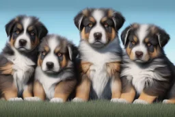 hyperrealistic digital gouache matte painting and pencil, volumetric nature environment, organic, (( cute, happy ( australian shepherd and saint bernard crossbreed ) puppies playing together )), close-up portrait, variable coloured fur, elegant, intricate, realistic shaded volumetric lighting, volumetric clouds, concept art, detailed eyes, illustration, 8k, uhd, hires, backlight, centered camera view, colour-washed colors, ambient occlusion, sunlight caustics, design and art by sam curry