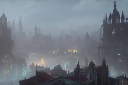 A dark, disrepaired medieval city in the clouds