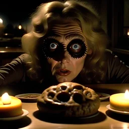 Spooky, ultra realistic distress, dining, ultra realistic hot woman, nose, giant eye on a table, organic hot bondes, dynamic, anguish, excited and lively scene, hypermaximalist figures, Creepy the Ring Alfred Hitchcock, Sam Raimi, insanely detailed, sinister, John Carpenter, Dario Argento, ornate