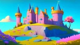 Single castle on a hill, Pink walls, orange towers, yellow flowers on the ground, dark blue roof and aqua blue sky and moat, very detailed and realistic