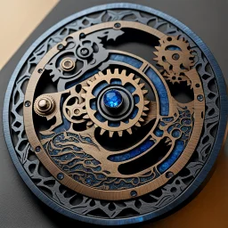 dwarven engraved mechanical cog, a wormlike wyrm warpped on the border, material azurite crystal and black steel