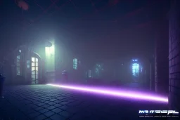  prison yard, night time , unity, scriptable render pipeline , lighting , volumetric , global illumination, fog ,blue emission , purple tone.