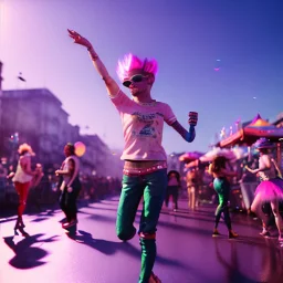 Ultra Realistic photo, medium shot view, drunken dancer women, carnival scene, steampunk. Pink hair, confeti, Sunglasses, smoking, happy, festival, red fog. highly detailed, concept art, unreal engine 5, ray tracing, RTX, lumen lighting, ultra detail, volumetric lighting, 3d, finely drawn, high definition, high resolution.