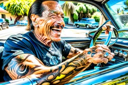 Fotorealistisch Danny Trejo breit grinsend mit offenem Haar in ölverschmiertem Mechaniker Overall fährt Muscle Car