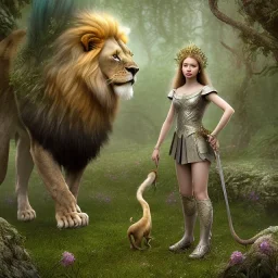 Young beautiful girl wearing floral crown standing next to a majestic, stunning lion on nature forest path, Chronicles of Narnia, 8k resolution, high-quality, fine-detail, iridescent, intricate, digital art, detailed matte, volumetric lighting, beautiful, illustration, 3D octane render, brian froud, howard lyon, selina french, anna dittmann, annie stokes, lisa parker, greg rutowski,