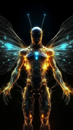 A man's entire body is shaped like a dragonfly, wearing armor made of fire and sparks flying around him, and he has luminous glass wings. Its luminous and sparkling body, lots of lights in all colors, with the idea of ​​Star Wars, high resolution, real drawings, a fictional idea.