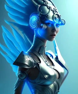 A beautiful portrait of a cute cyborg woman blue color scheme, high key lighting, volumetric light high details with white stripes and feathers and indian paterns and wimgs