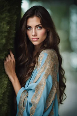 Portrait of a pretty18 year old girl with long wavy chocolate brown hair, draped over one shoulder. Blue eyes. Wearing an oversized shirt