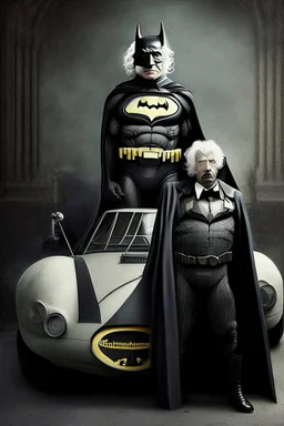 Albert Einstein dressed up as Batman, and standing beside the Batmobile