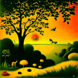 A marvelous landscape, trees, flowers, sun, intricate, Henri Rousseau, Max Ernst, thoughtful, interesting, a bit appalling