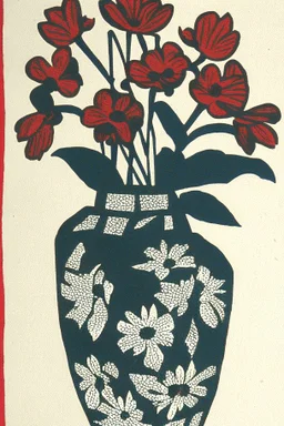 Block print of flowers in a vase