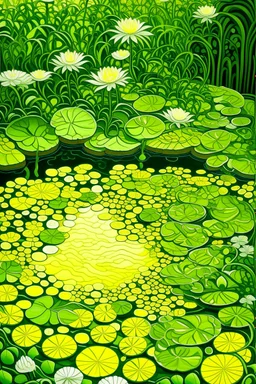A pale greenish yellow lilypond covered in slime designed in ancient Greek pottery painted by MC Escher