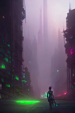 dystopian city, goblin, green hair, holding an axe, steampunk style