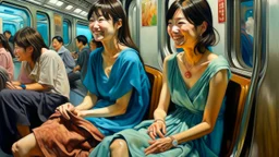 Neoclassicism 2 japanese woman smiling at other woman sitting in metro realistic cote d'azur painting colorfull