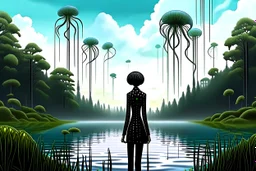 A skinny woman with a black bob hairstyle, in a green and silver suit, standing, looking out over a lake, in an alien forest, with tall narrow cloud trees, with flying dandelion heads with octopus tentacles