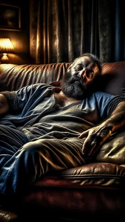 photorealistic, photography, full figure shot, an hairy men sleeping over an old sofa, hands behind the neck, Realistic photography, well defined facial features, strong muscular chubby sweat dirty arab, shirtless, ugly , 43 years old , open legs, manly chest, big shoulders, manly torso, long beard, dirty ripped tracksuit , very dark living room, dim light, ambient occlusion, view angle from below, frontal view from the ground