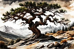 museum quality ink wash and watercolor painting of an ancient, gnarled and twisted, Bristlecone Pine on a remote plateau in the Rocky Mountains in the style of Karl Bodmer, and Winslow Homer, rendered as an aquatint, with a fine art aesthetic, highly detailed , 8k UHD cinegraphic realism