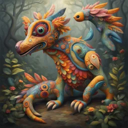 Whimsical Alebrijes creatures, surreal, take elements from different animals, from the artist's imagination, create a magical being. animal-like creatures. roam through their towns, hills, and forests in another dimension. spirits guide, accompany, and protect us. These animal-like creatures a Modifiers: highly detailed fantasy bright studio setting cinematic lighting anthropomorphic dynamic lighting colourful cinematic postprocessing acrylic art pixel art quilling Jean-Baptiste Monge Tim Burton