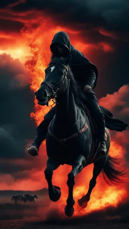 A black hooded with cane horse , man on a black wild horse jumping on fire ,red clouds in the sky with storm and cinematic scene 4k